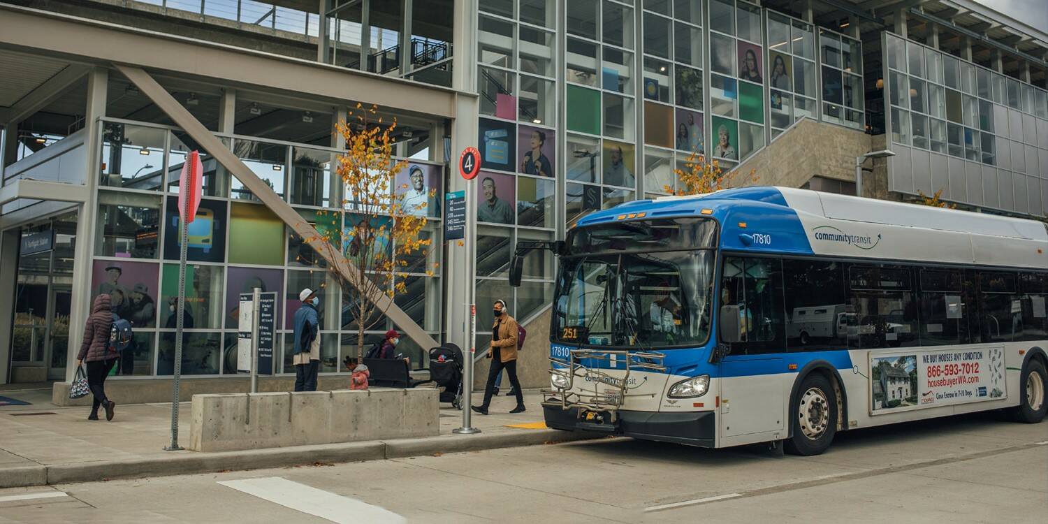 A Community Transit bus. The service recently added a new direct bus that takes Whidbey commuters from the Mukilteo Ferry Terminal to the light rail station in Lynnwood. (Photo by Community Transit)