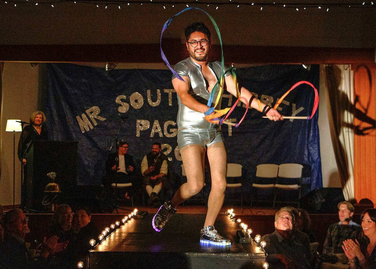 Victor Ramos demonstrates extreme ribbon dancing during his 2019 run as a Mr. South Whidbey contestant. This year, he returns to the pageant, along with six other brave men. (Photo by David Welton)