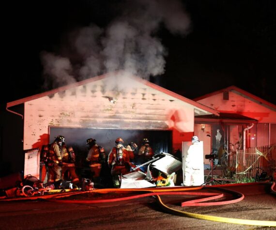 <p>Oak Harbor Fire Department, North Whidbey Fire and Rescue and Naval Air Station Whidbey Island Fire Department responded to a residential fire on Northwest Illahee Drive Tuesday night. (Photo by John Fisken)</p>