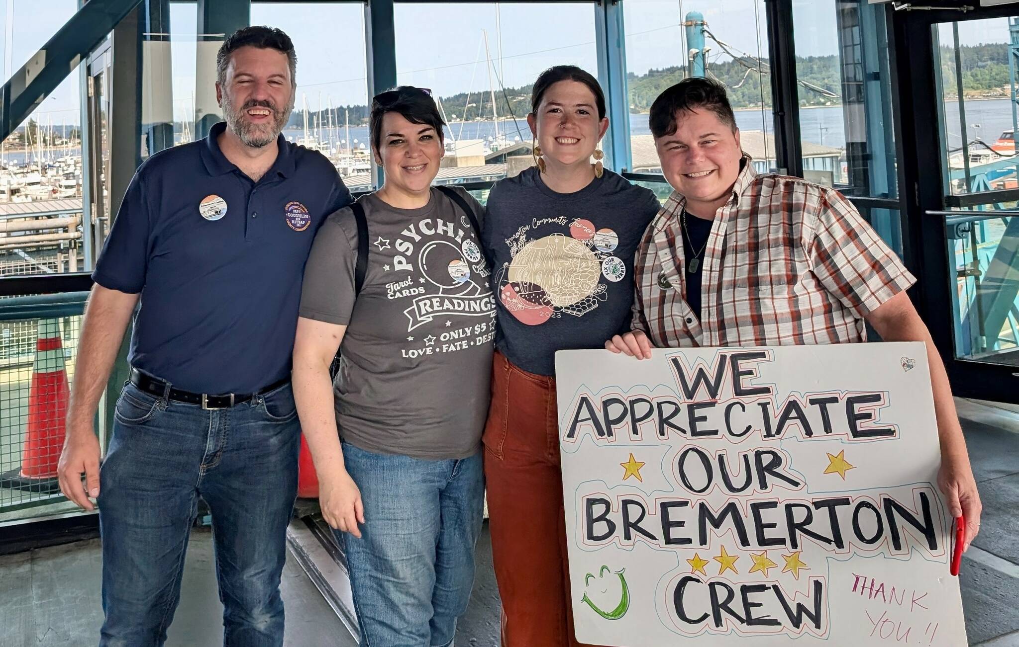 (Photo provided by Amy Drayer)
From left, Jeff Coughlin of Bremerton City Council, Kate Millward of Bremerton Ferry Coalition, Jessica Phares of Bremerton Ferry Coalition and Amy Drayer of Islanders for Ferry Action at the July Bremerton Crew Appreciation Ride.