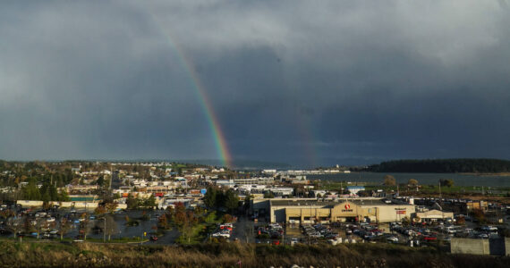 Photo by Sam Fletcher
A double rainbow arches over a housing development in Oak Harbor on Friday.