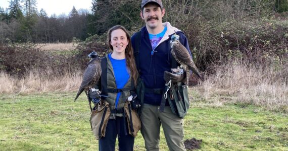 Bethany and Justin Rondeaux hold their falcons, Griffin and Sky. (Photo provided)