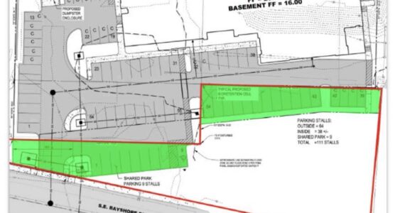 A figure in court documents shows a developers plans for a hotel in downtown Oak Harbor. The red line denotes the location of Hal Ramaley Memorial Park. The green
shaded areas show where portions of the park would be paved over to be used as part of the hotel’s parking lot.